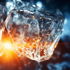 fotografia con detalle y textura de reflejos de luz de tonos calidos sobre cubito de hielo