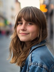 Fototapeta premium portrait of an early teenage girl smirking looking at the camera outside a city street