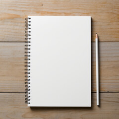 fotografia de estilo mockup con detalle de libreta con hojas en blanco, con lapiz, sobre superficie de madera