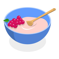 3D Isometric Flat Vector Illustration of Cereal Breakfast, Bowls with Porridge, Fruits, Yogurt and Berries. Item 5