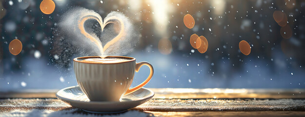 A Cup of Hot Chocolate with Heart-Shaped Steam. Steaming cup of hot chocolate with a heart-shaped swirl of steam on a wintry day - Powered by Adobe