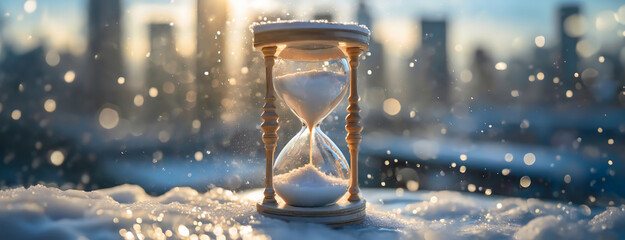Hourglass on Snowy Sill: The Fleeting Nature of Time. An antique timepiece rests on a frosty window ledge, its sands shifting amidst a winter sunrise. City backdrop, symbolizing the passage of time. - obrazy, fototapety, plakaty