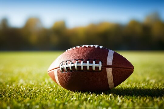 American football closeup, vibrant green field, ideal for customized text