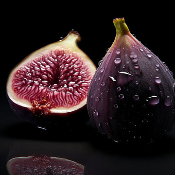 Fotografia con detalle y textura de higos con gotas de frescor, sobre fondo de tonos negros