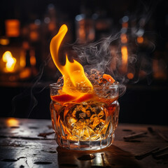 Fotografia con detalle y textura de vaso de cristal con licor y llama de flambeado
