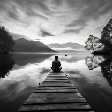 fotografia con detalle de persona meditando sobre pasarela de madera, sobre lago de aguas tranquilas, en blanco y negro