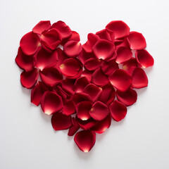 Fotografia con detalle y textura de petalos de rosa de color rojo, agrupados en forma de corazon, sobre fondo de color blanco