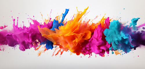 Explosive arrays of colorful paint splashes merging with bursts of vibrant colored powder elements, shaping dynamic design elements on a blank, solid white backdrop.