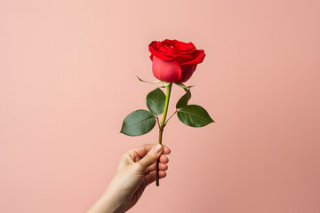 Hand holding single red rose in front of pink background