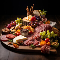 fotografia con detalle y textura de tabla de embutidos, quesos y frutas variadas