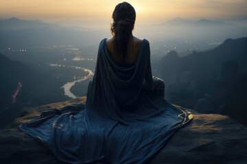 Serene mountain repose: girl finding tranquility in nature's embrace, panoramic relaxation amid breathtaking landscapes.