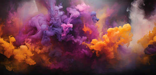 Obraz na płótnie Canvas Explosive bursts of amethyst and goldenrod smoke cascading in a dazzling and vibrant symphony against a contrasting canvas.