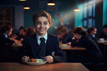 A schoolchild in the school cafeteria. Time of lunch break, peculiarities of the school meal, snack
