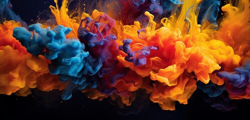 Explosive bursts of indigo and amber smoke cascading in a dazzling and vibrant symphony against a contrasting canvas.