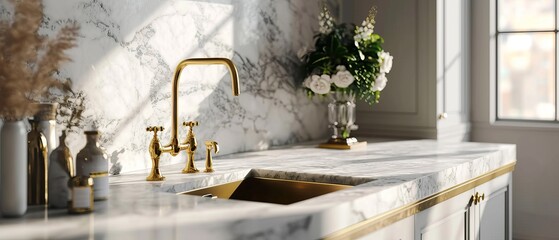 A high-end kitchen sink with a luxurious gold faucet and an exquisite marble worktop