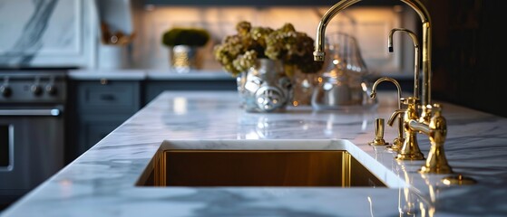 Fototapeta na wymiar A high-end kitchen sink with a luxurious gold faucet and an exquisite marble worktop