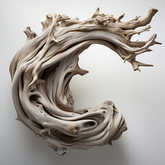 Fotografia con detalle de tronco de madera de forma sinuosas, tonos marron claro, sobre fondo de color blanco