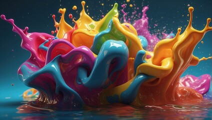 Vibrant splash of multicolored liquid, featuring dynamic swirls of pink, blue, yellow, and green against a dark backdrop.