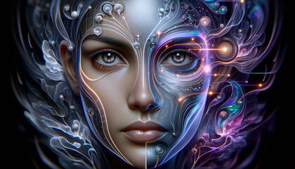 Advanced Facial Recognition: Serene human face integrated with futuristic elements in a symbiotic blend.