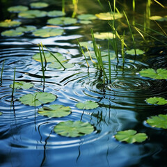 fotografia con detalle de superficie de agua con plantas de tonos verdes y reflejos de luz