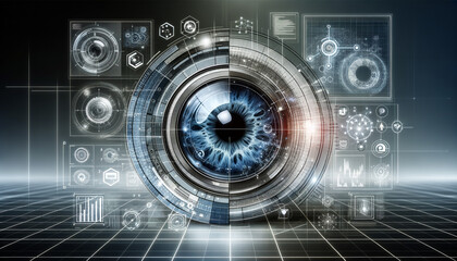Futuristic computer vision with interconnected icons and digital iris