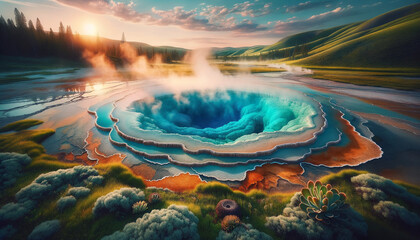 Serene geothermal system with crystal-clear blue hot spring in a tranquil natural environment.