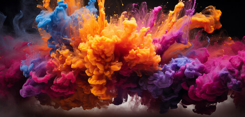 Fiery bursts of magenta, amber, and sapphire smoke billowing in an explosive dance, creating a vibrant visual display.