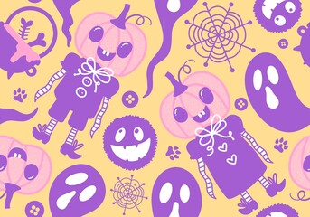 Cartoon Halloween seamless pumpkins and monsters and ghost pattern for wrapping paper and fabrics and linens