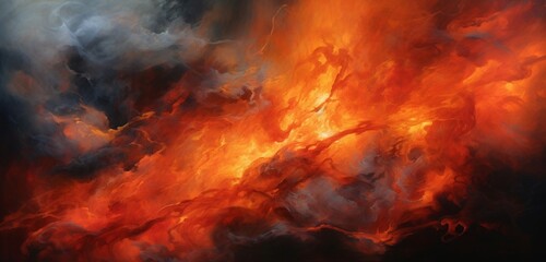 A striking portrayal of intense flames amidst thick smoke, tailored artistically to captivate within a panoramic  canvas.