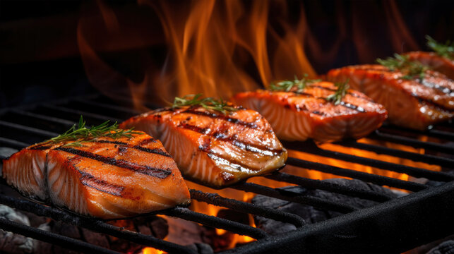 Closeup of grilled salmon food pieces with herbs on grill with flame in background 