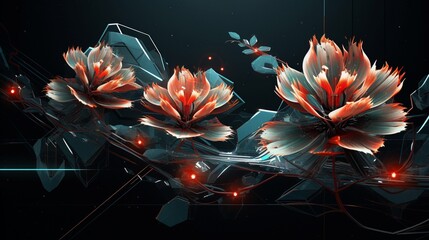 Futuristic digital flowers and geometric leaves providing space for your message.