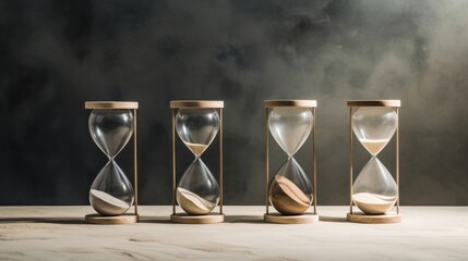  a group of three hourglasses sitting next to each other on top of a wooden table in front of a dark background.