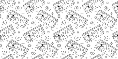 Seamless pattern of gift boxes. Hand drawn doodles for Christmas, New Year or birthday. Vector illustration.