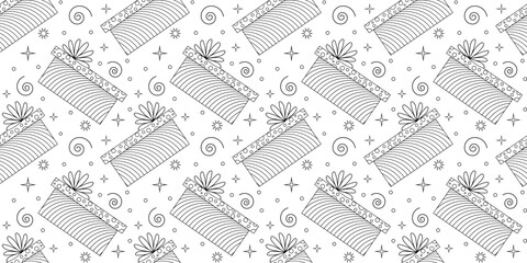Seamless pattern of gift boxes. Hand drawn doodles for Christmas, New Year or birthday. Vector illustration.