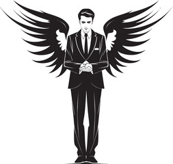 Winged Capitalists Angel Investor Icons in Monochrome Seraphic Strategies Businessman’s Angelic Emblem