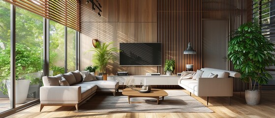 Modern living room interior with design and decor in earth tones. TV on a wooden wall - obrazy, fototapety, plakaty