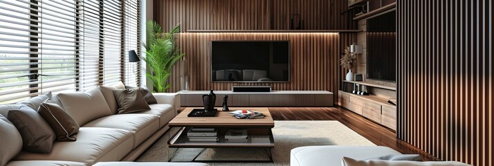 Obraz na płótnie Canvas Modern living room interior with design and decor in earth tones. TV on a wooden wall