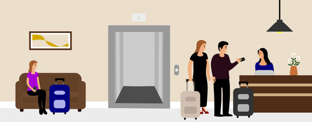 Hotel's reception. Happy family with suitcases at reception. Father paying receptionist for accommodation. Checking or checkout concept. Vector illustration.