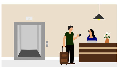 Hotel's reception. Happy man standing holding suitcase and paying receptionist for accommodation. Checking or checkout concept. Vector illustration.
