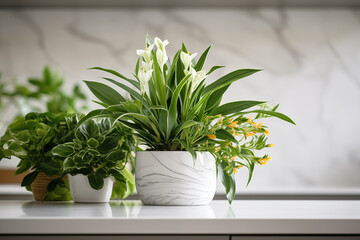 Home garden plants spread out on counter at home and space for text. Generative AI