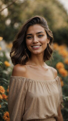 Naklejka premium Beautiful Brunette in Flowers