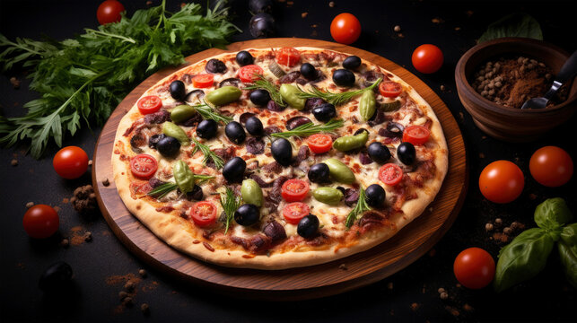 Delicious food of pizza on table, wooden ground or table decorated with herbs and tomatos