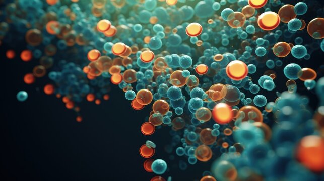  a bunch of orange and blue bubbles floating on top of a dark blue and orange background with a black background.