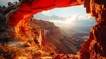 Fototapeten spectacular rock arch - warm sunlight floods the scene - sunrise in rocky landscape - outdoor, hiking, wilderness, desert, sunlight © 100choices