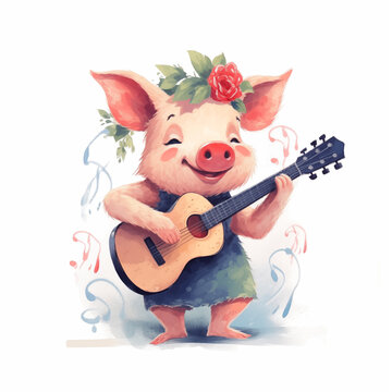 Little piggy playing guitar watercolor paint