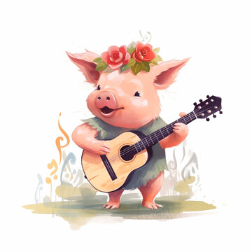 Little piggy playing guitar watercolor paint 