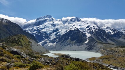 New zealand glacial lake and mountains with snow