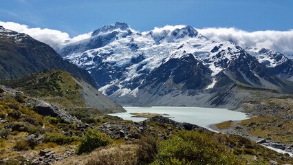 Fototapeta na wymiar New zealand glacial lake and mountains with snow