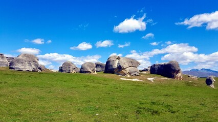 New zealand Elephant Rocks in Waitaki Valle sculptures green gras and blue sky