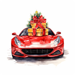 Sport car with christmass gifts watercolor paint